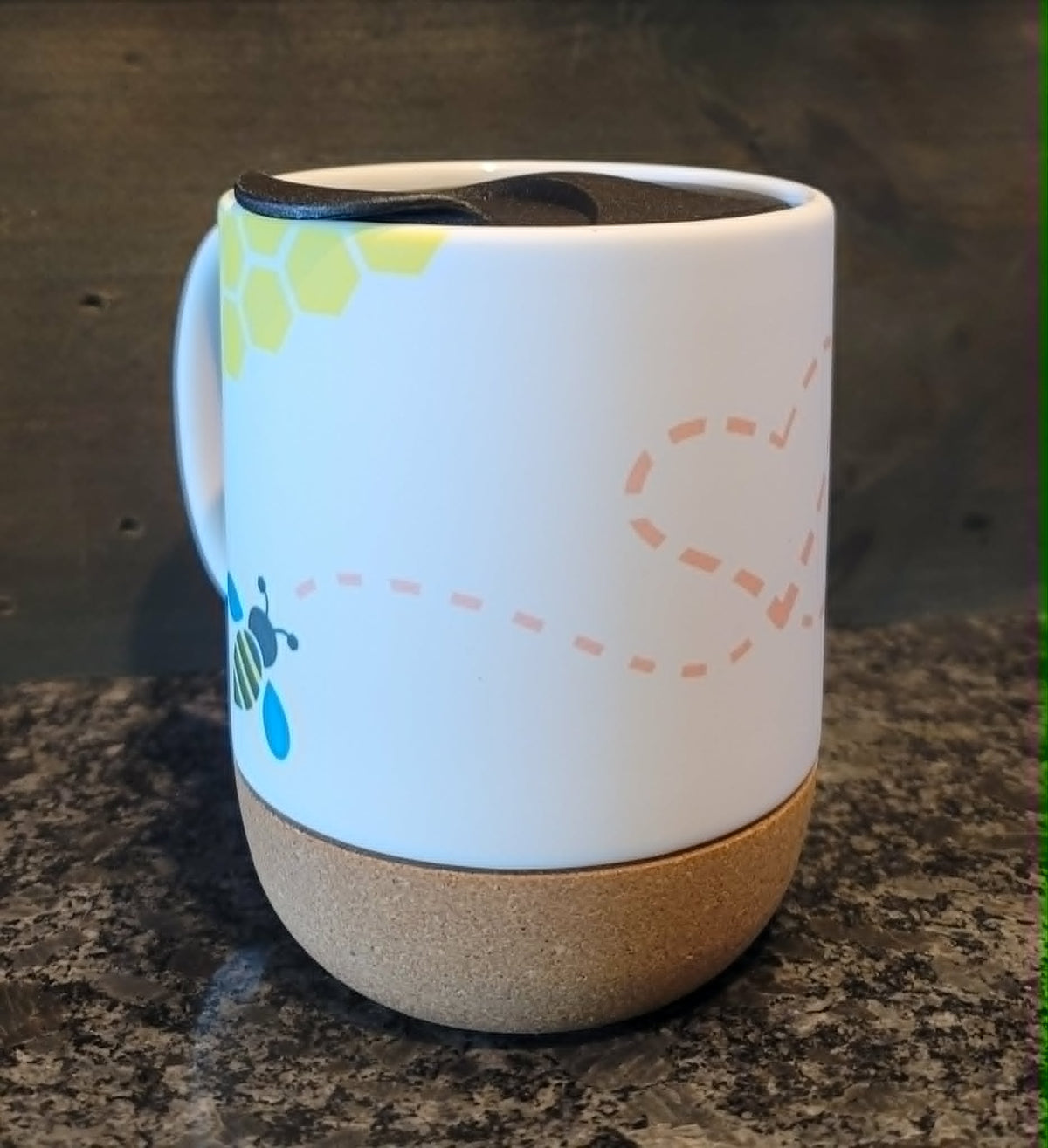 Bee Heart Honeycomb 15 oz White Ceramic Mug with Lid and Cork Bottom