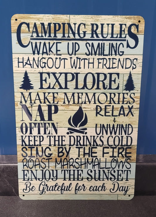 Camping rules metal sign
