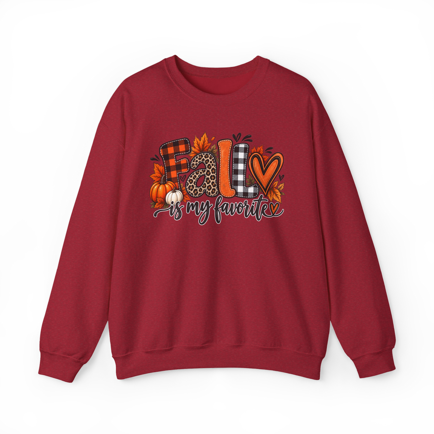 "Fall is My Favorite" Crewneck — Plaid & Pumpkin Cozy Autumn Sweatshirt