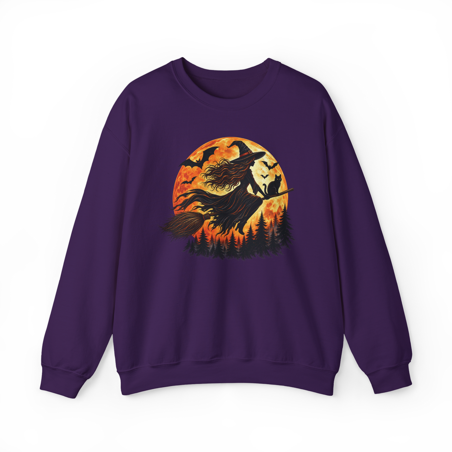 Witch Flying Over the Moon Halloween Crewneck — Moody Forest Sweatshirt
