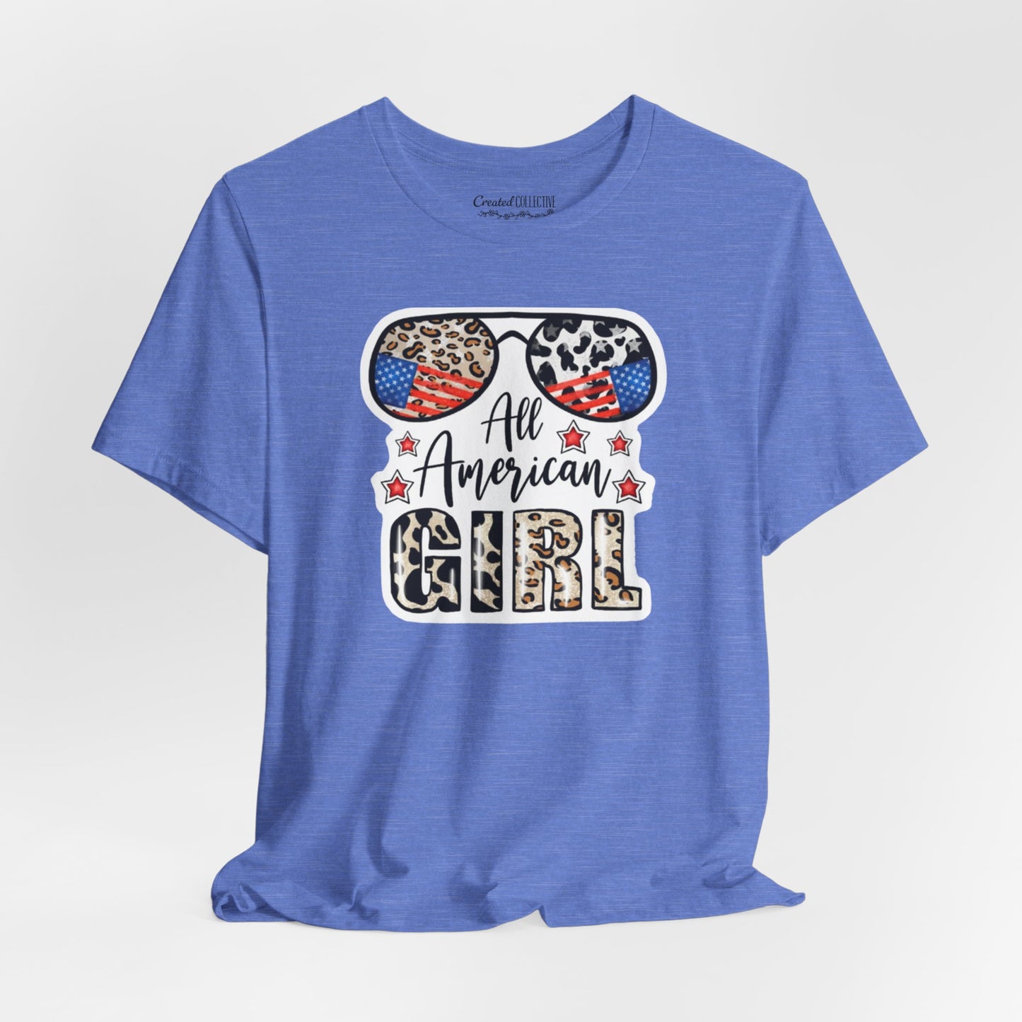 All American Girl Graphic Tee — Patriotic Leopard Sunglasses Fourth of July Shirt