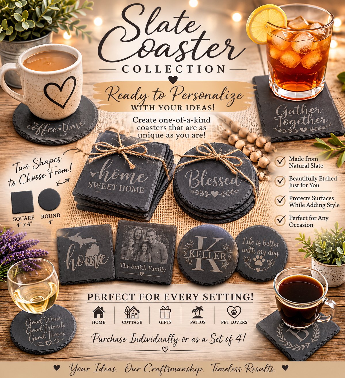 Personalized Set of 4 Square Ceramic Coasters – Custom Sublimated Photo & Name Gift
