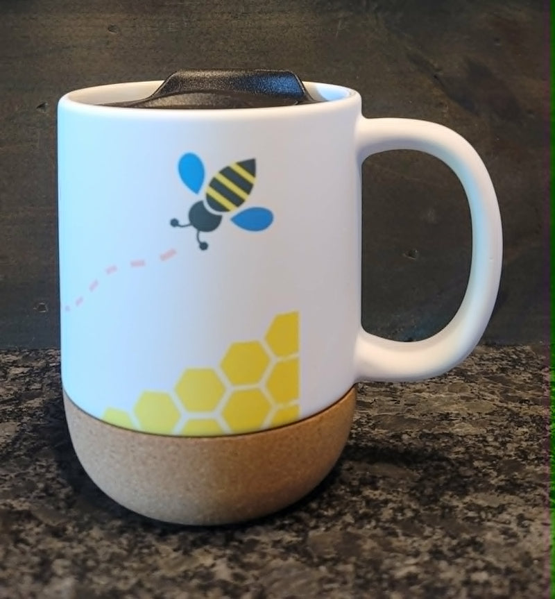 Bee Heart Honeycomb 15 oz White Ceramic Mug with Lid and Cork Bottom