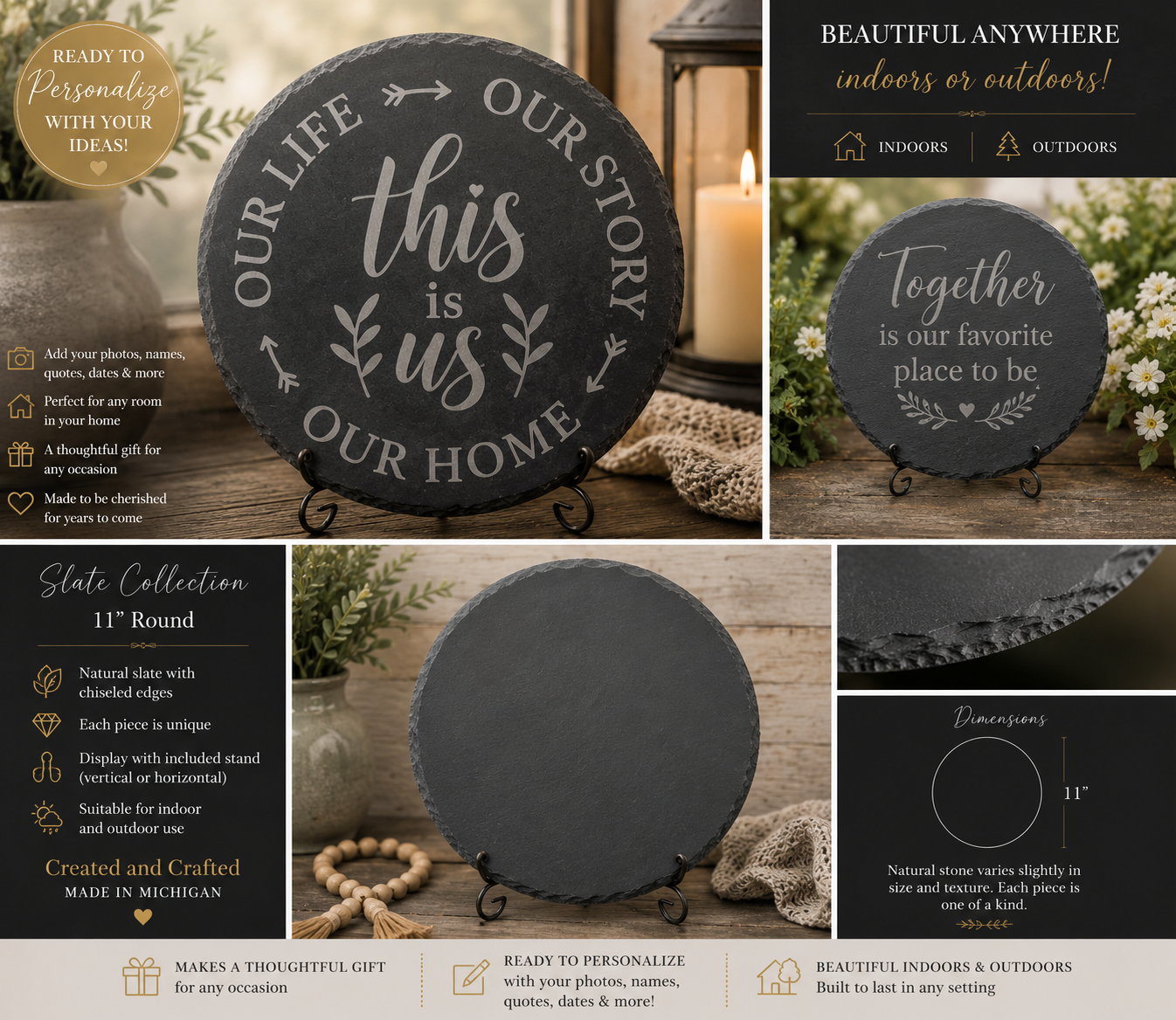 Personalized 11" Round Etched Slate – Custom Name & Design Gift (Stand Sold Separately)
