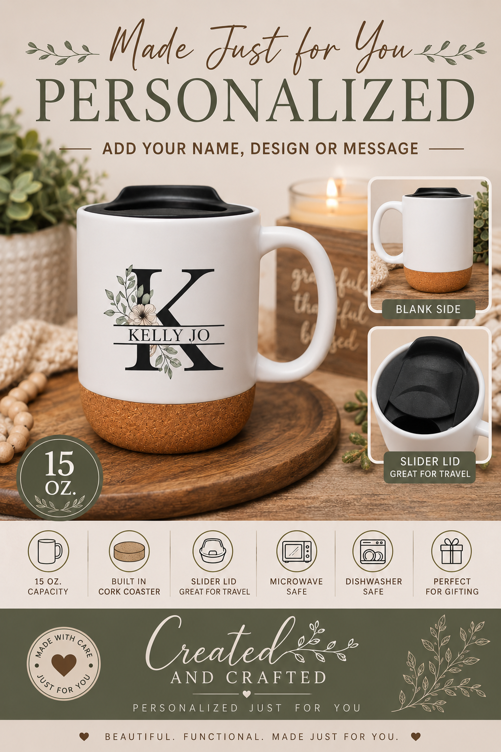Personalized Cork Bottom Travel Mug – Custom 15 oz Coffee Cup Gift