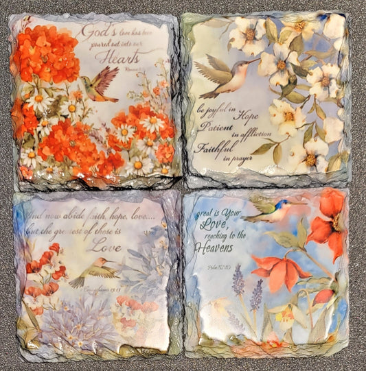 Sublimated slate hummingbird coasters