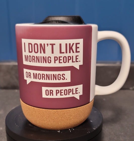 Cork bottom travel mug morning people