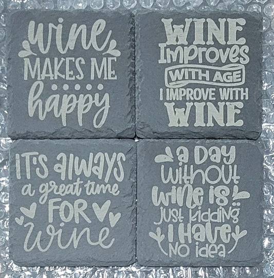 Wine Lover Quotes Etched Slate Coaster Set – Humorous Gift for Wine Lovers