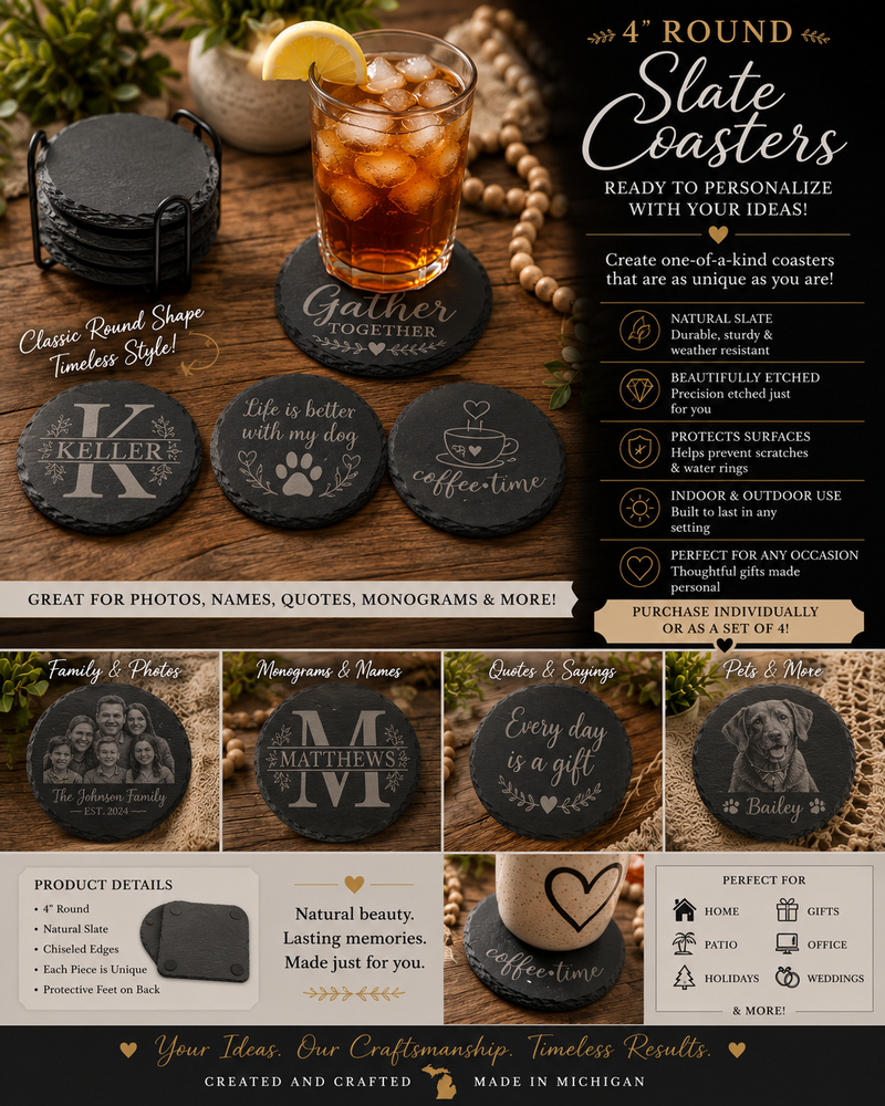 Personalized Round Slate Coasters – Set of 4 Custom Etched 4 Inch Gift