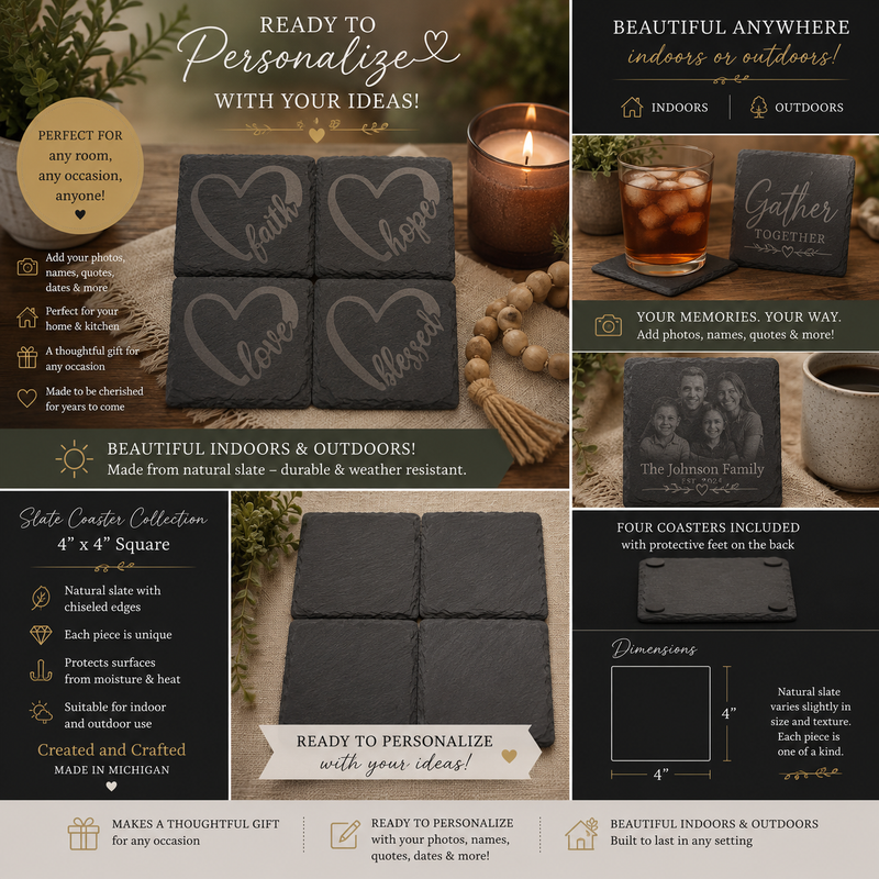 Personalized Set of 4 Square Slate Coasters – Custom Etched Name & Design Gift