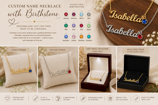 Personalized Name Necklace with Birthstone – Custom Cursive Gold or Silver Gift