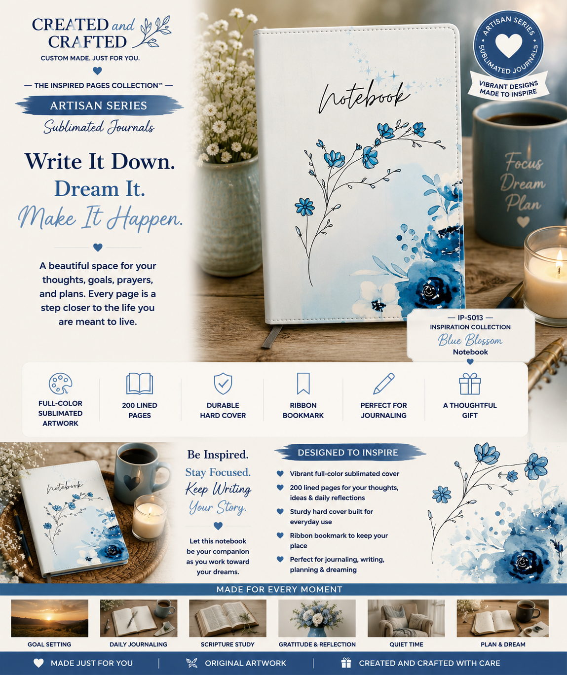 Blue Flowers Floral Journal - Pretty A5 Lined Notebook Gift for Her