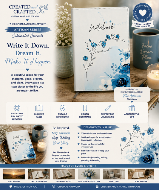 Blue Flowers Floral Journal - Pretty A5 Lined Notebook Gift for Her