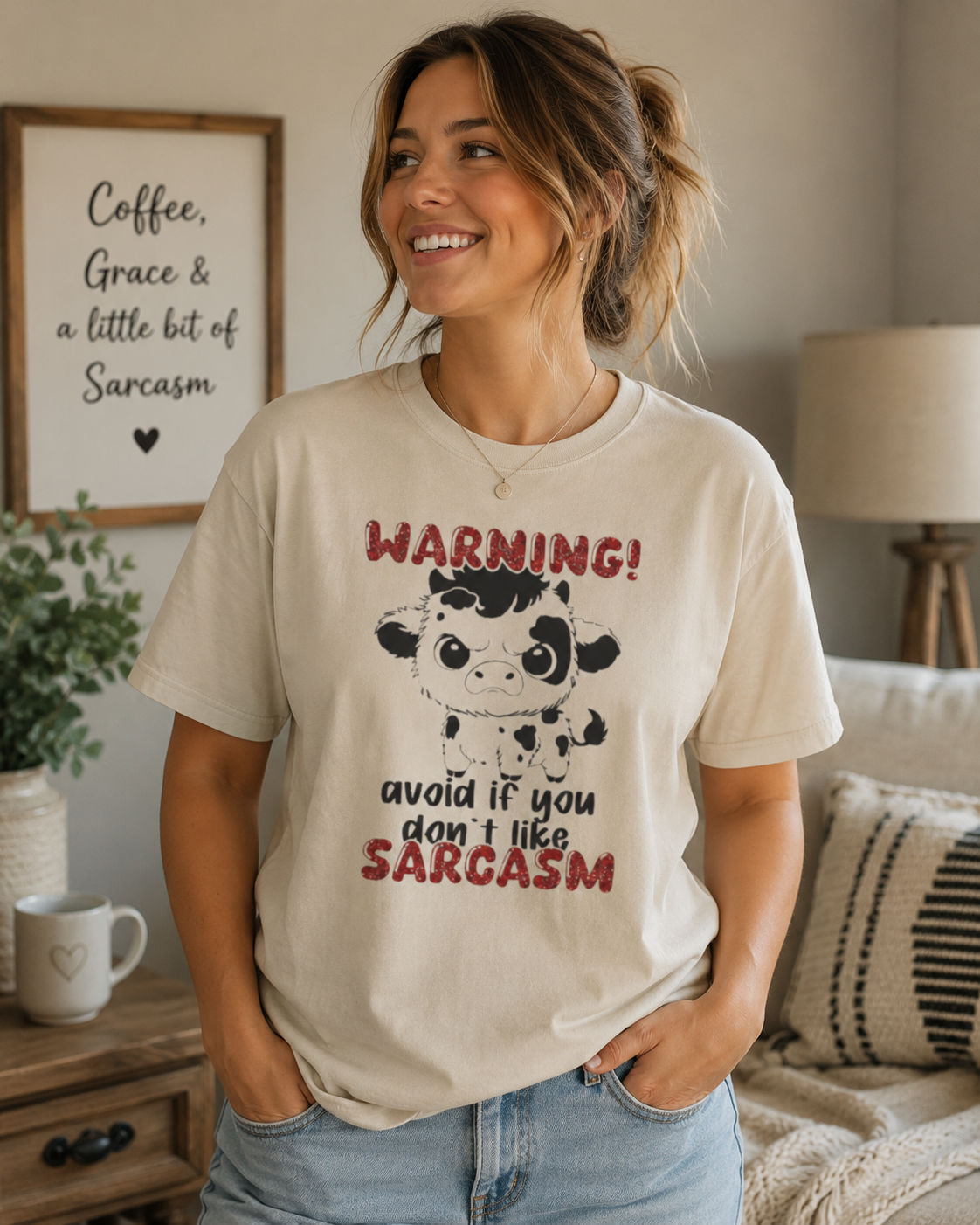 T-Shirt — "WARNING! Avoid If You Don't Like Sarcasm" Cute Cow Graphic