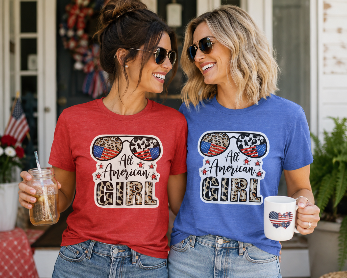 All American Girl Graphic Tee — Patriotic Leopard Sunglasses Fourth of July Shirt