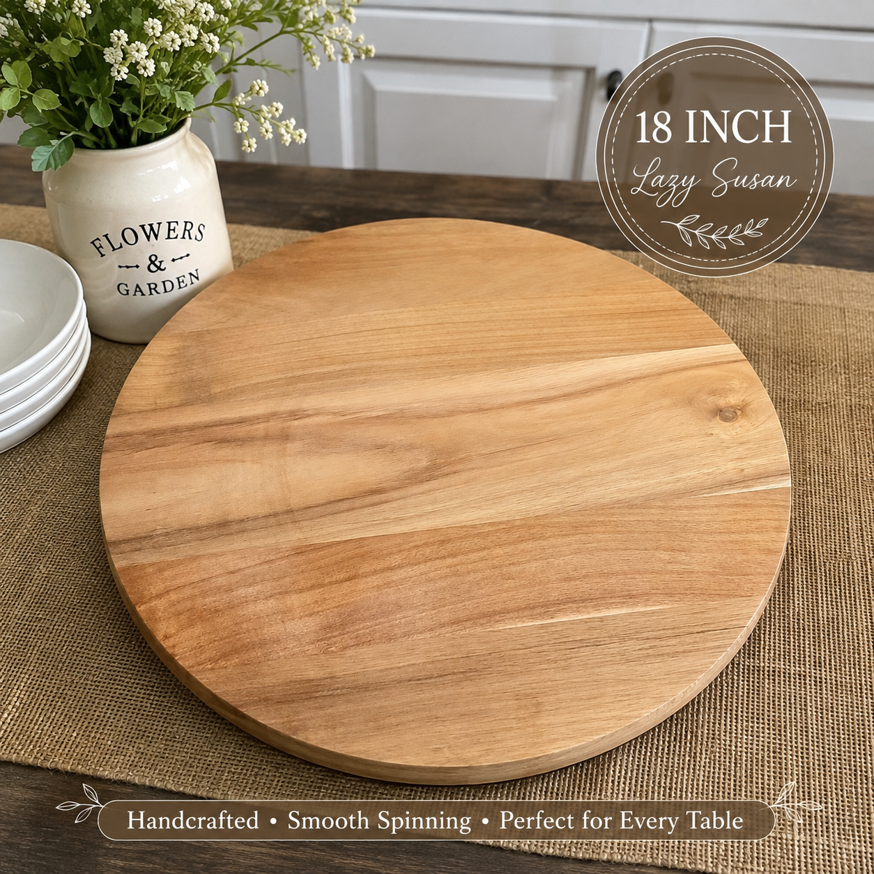 Personalized 18" Acacia Wood Lazy Susan — Custom Etched Name, Quote, or Design | Made to Order