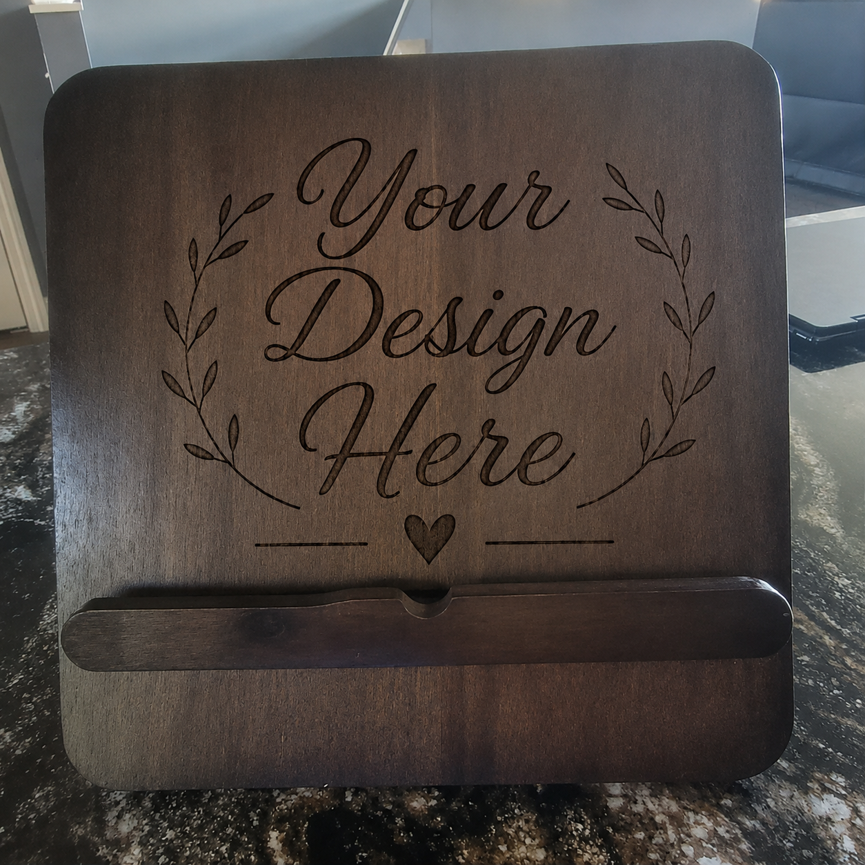 Personalized Wood Cookbook Stand — Custom Etched Recipe Holder | Name, Quote, or Design
