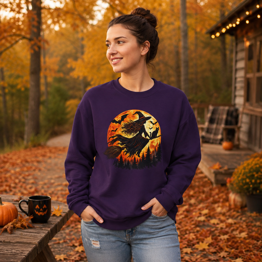 Witch Flying Over the Moon Halloween Crewneck — Moody Forest Sweatshirt