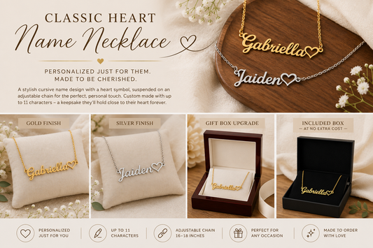 Personalized Classic Heart Name Necklace – Custom Cursive Gold or Silver Gift