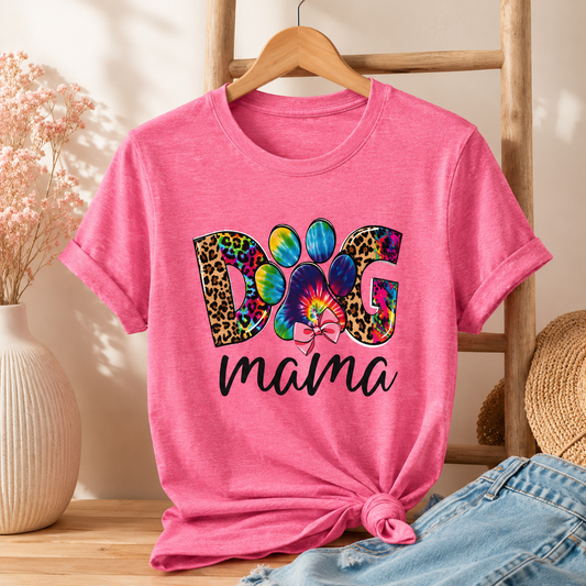 Dog Mama Graphic Tee — Leopard & Tie-Dye Paw Design