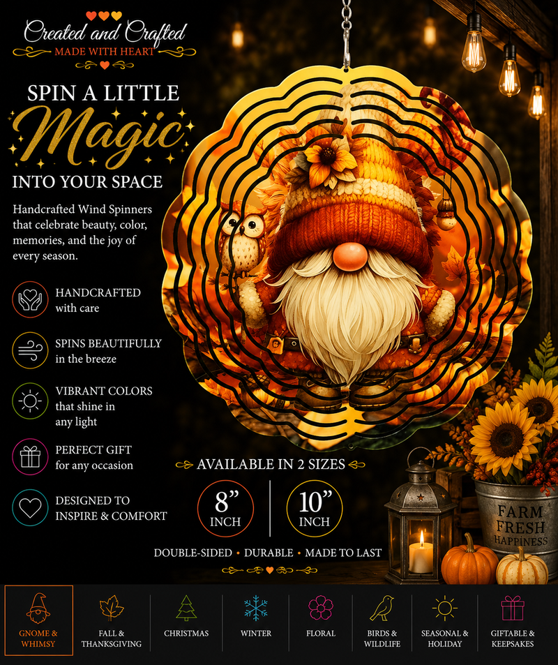 Fall Gnome Wind Spinner – 8 Inch Autumn Garden Gift