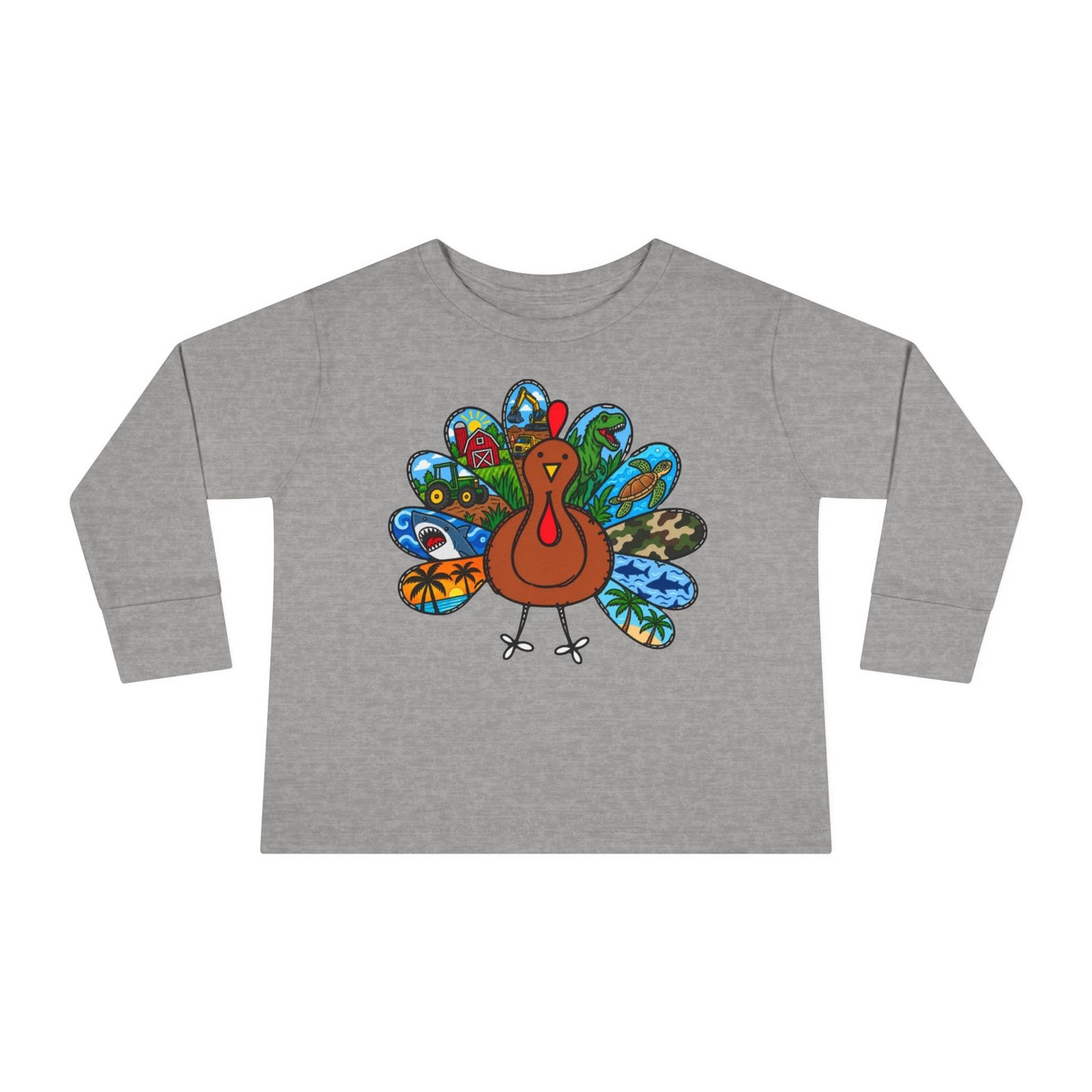 Toddler Long Sleeve Tee — Colorful Cartoon Turkey Thanksgiving Shirt