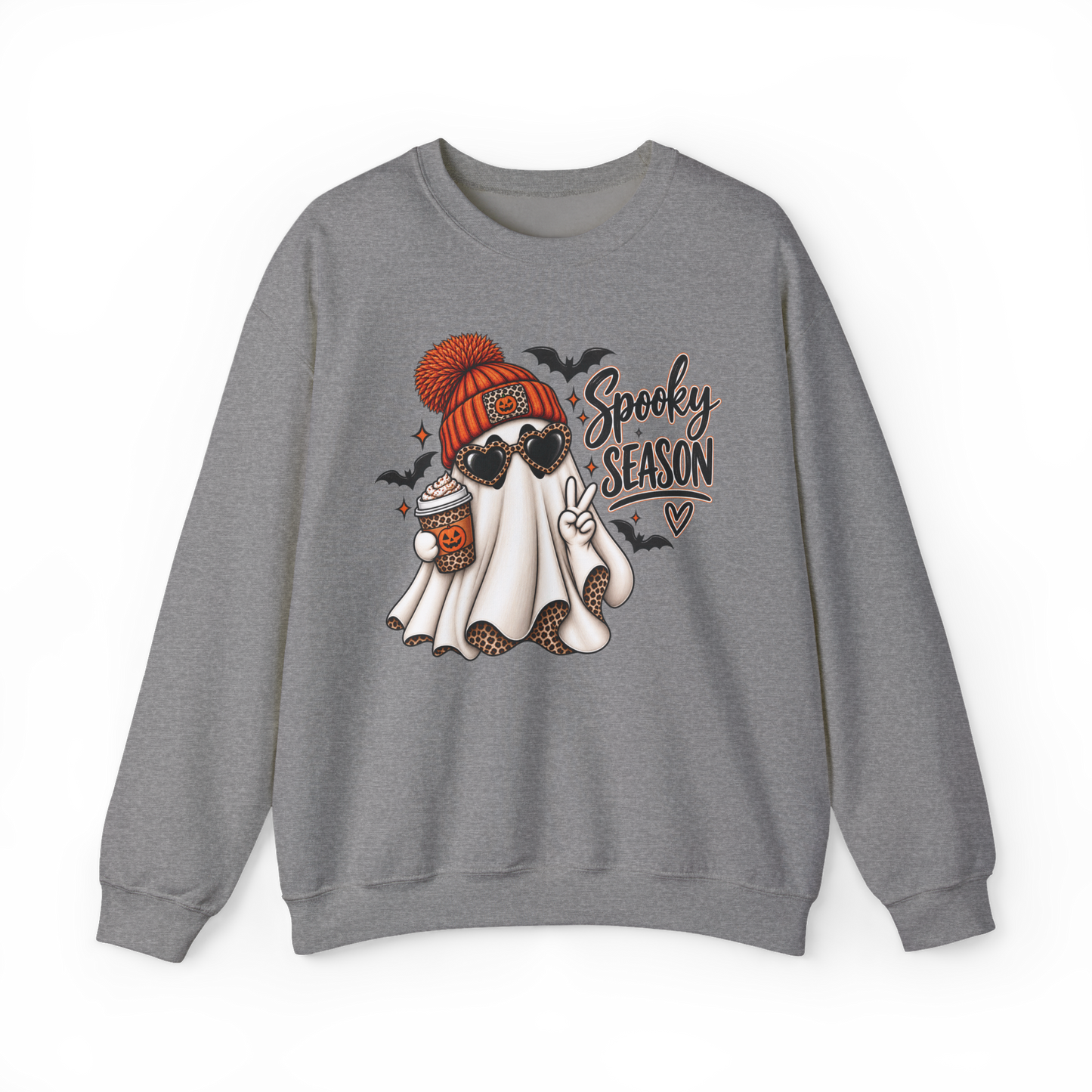 Spooky Season Ghost Crewneck — Cozy Halloween Sweatshirt with Cute Ghost & Bats
