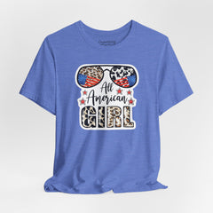 All American Girl Graphic Tee — Patriotic Leopard Sunglasses Fourth of July Shirt