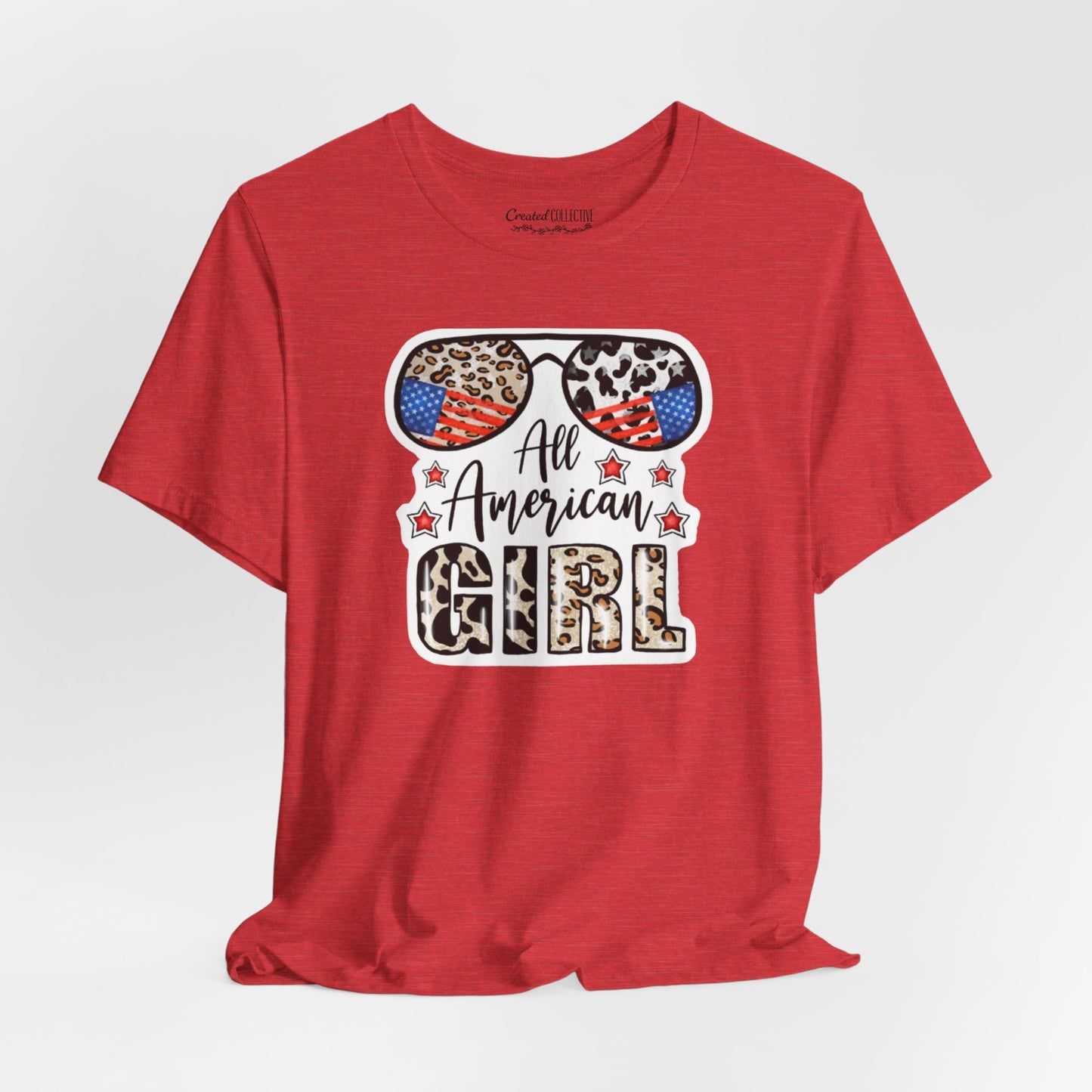 All American Girl Graphic Tee — Patriotic Leopard Sunglasses Fourth of July Shirt