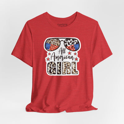 All American Girl Graphic Tee — Patriotic Leopard Sunglasses Fourth of July Shirt