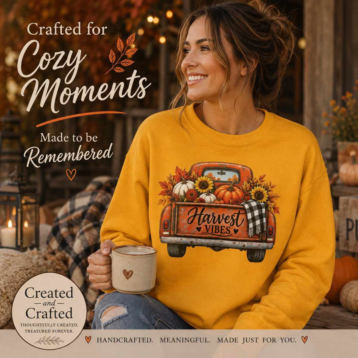 Harvest Vibes Crewneck — Vintage Pumpkin Truck & Sunflowers Fall Sweatshirt