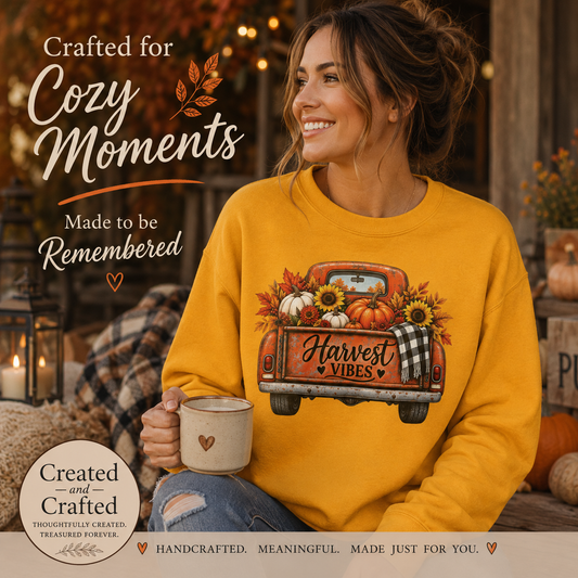 Harvest Vibes Crewneck — Vintage Pumpkin Truck & Sunflowers Fall Sweatshirt