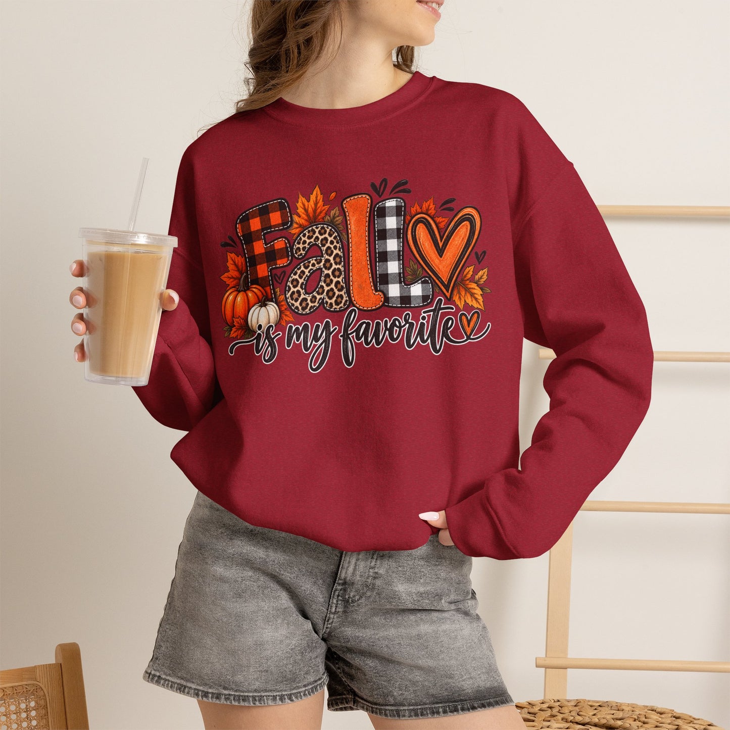 "Fall is My Favorite" Crewneck — Plaid & Pumpkin Cozy Autumn Sweatshirt