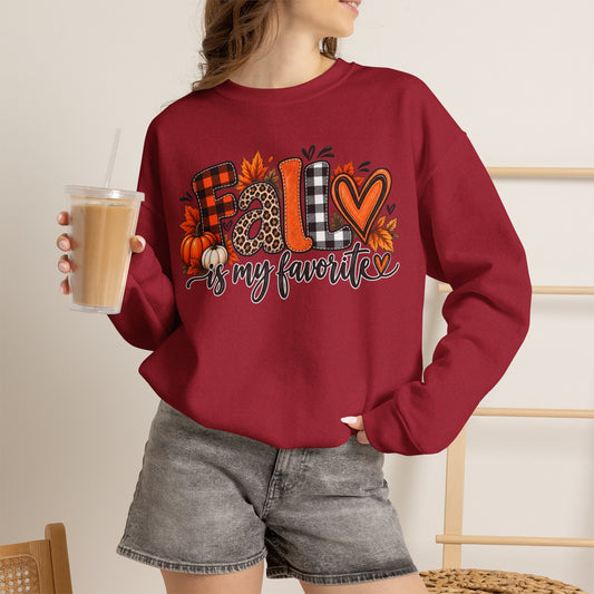 "Fall is My Favorite" Crewneck — Plaid & Pumpkin Cozy Autumn Sweatshirt