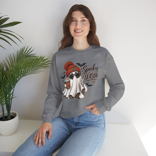 Spooky Season Ghost Crewneck — Cozy Halloween Sweatshirt with Cute Ghost & Bats