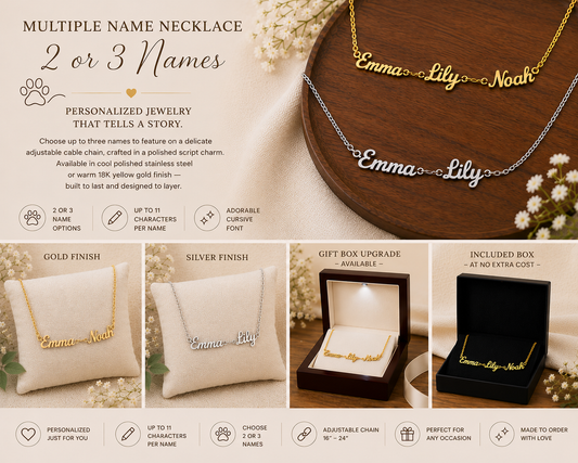 Personalized Multiple Name Necklace – 2 or 3 Names Gold or Silver Gift