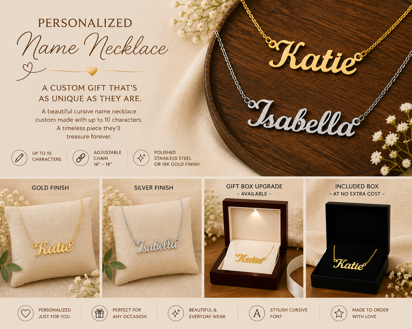 Personalized Classic Style Name Necklace – Custom Cursive Gold or Silver Gift