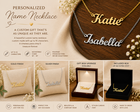 Personalized Classic Style Name Necklace – Custom Cursive Gold or Silver Gift