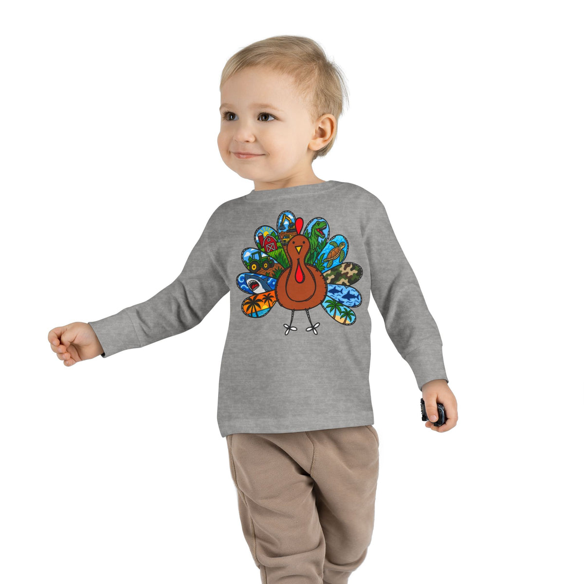 Toddler Long Sleeve Tee — Colorful Cartoon Turkey Thanksgiving Shirt