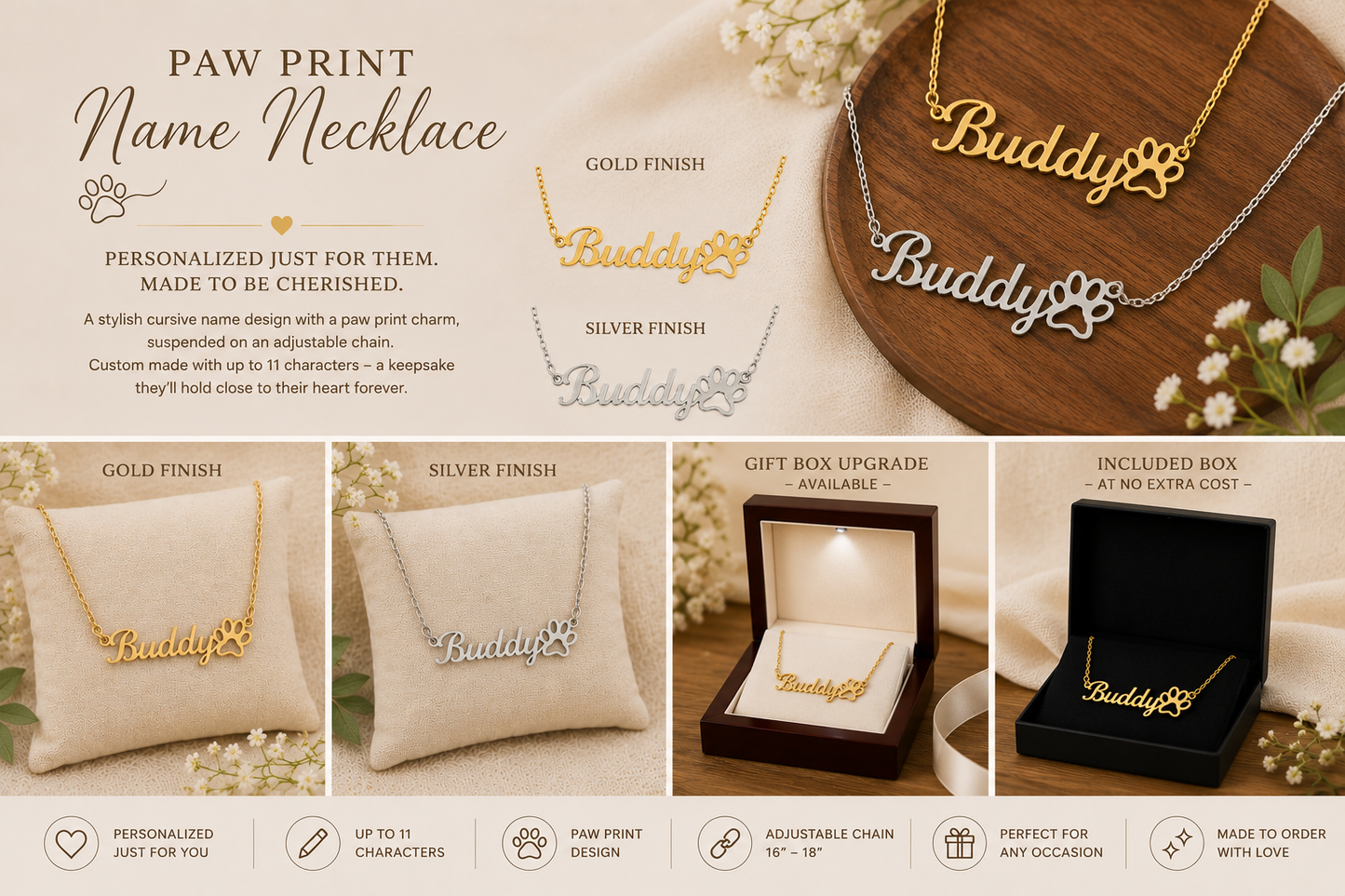 Personalized Paw Print Name Necklace – Custom Cursive Pet Lover Gift