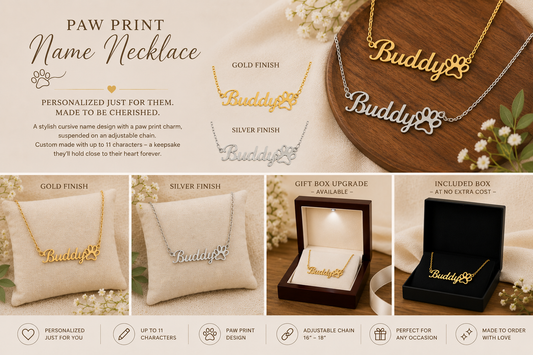 Personalized Paw Print Name Necklace – Custom Cursive Pet Lover Gift