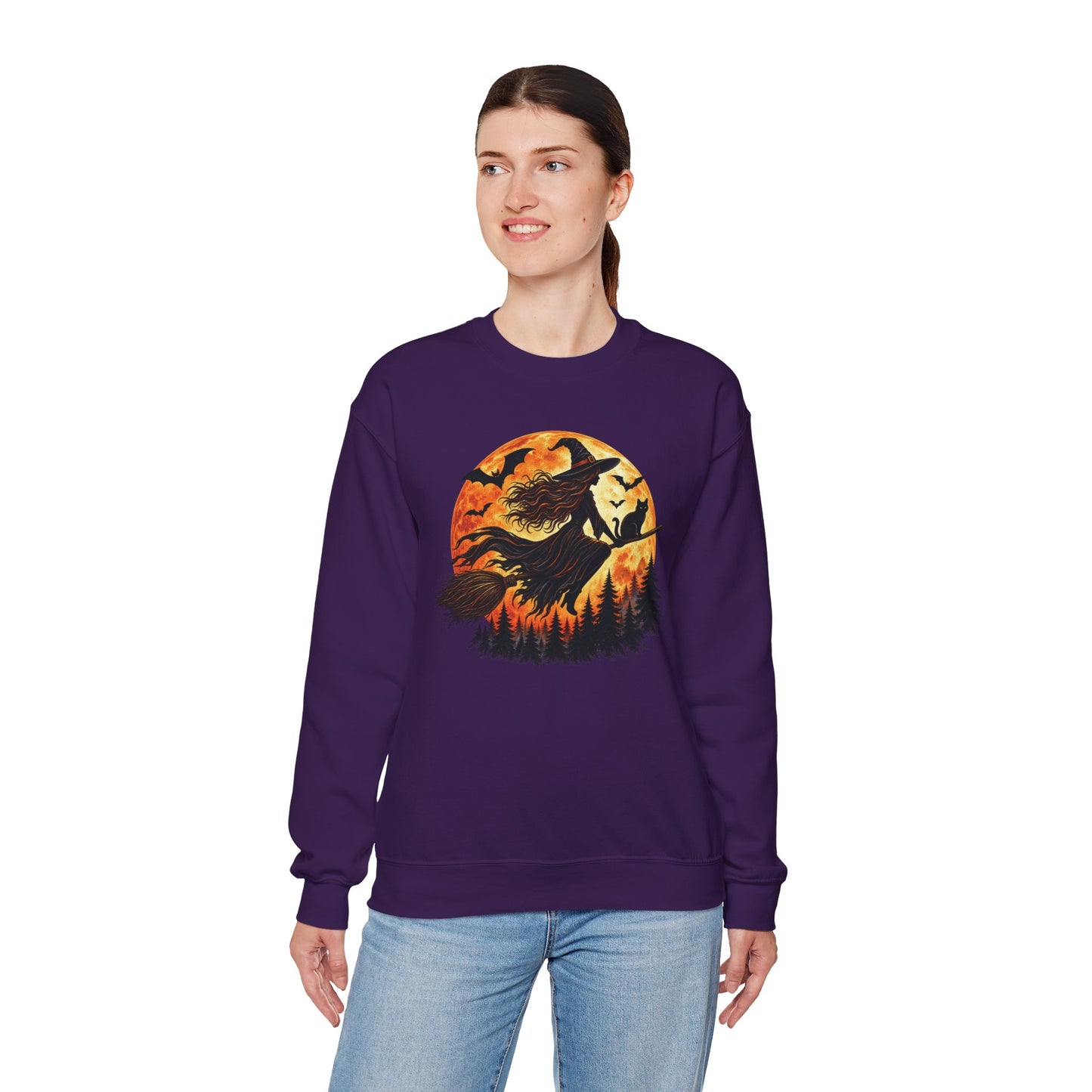 Witch Flying Over the Moon Halloween Crewneck — Moody Forest Sweatshirt