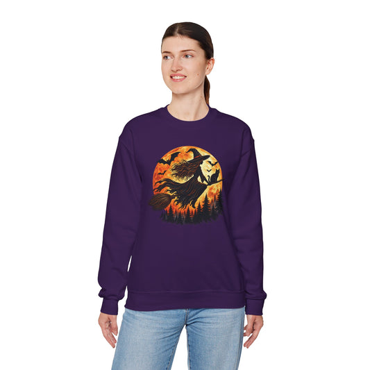 Witch Flying Over the Moon Halloween Crewneck — Moody Forest Sweatshirt