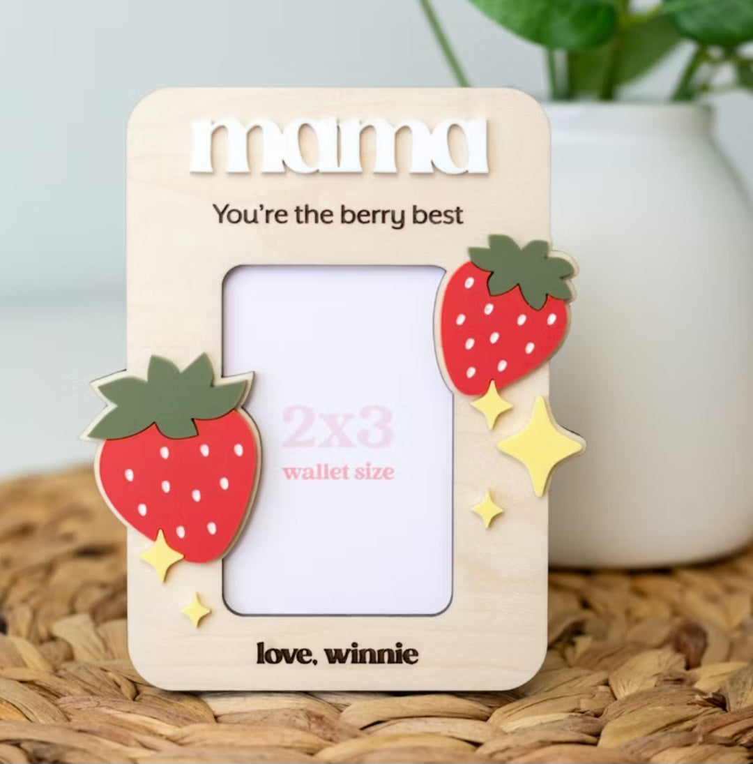 Personalized Strawberry Photo Magnet – Custom Hand-Painted Wood 2x3 Picture Gift