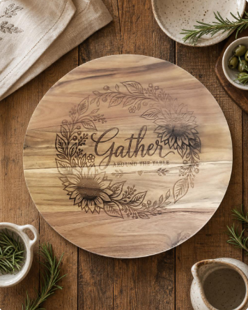 Gather Around the Table Lazy Susan — 18" Etched Acacia Wood Sunflower Design | Ready to Ship