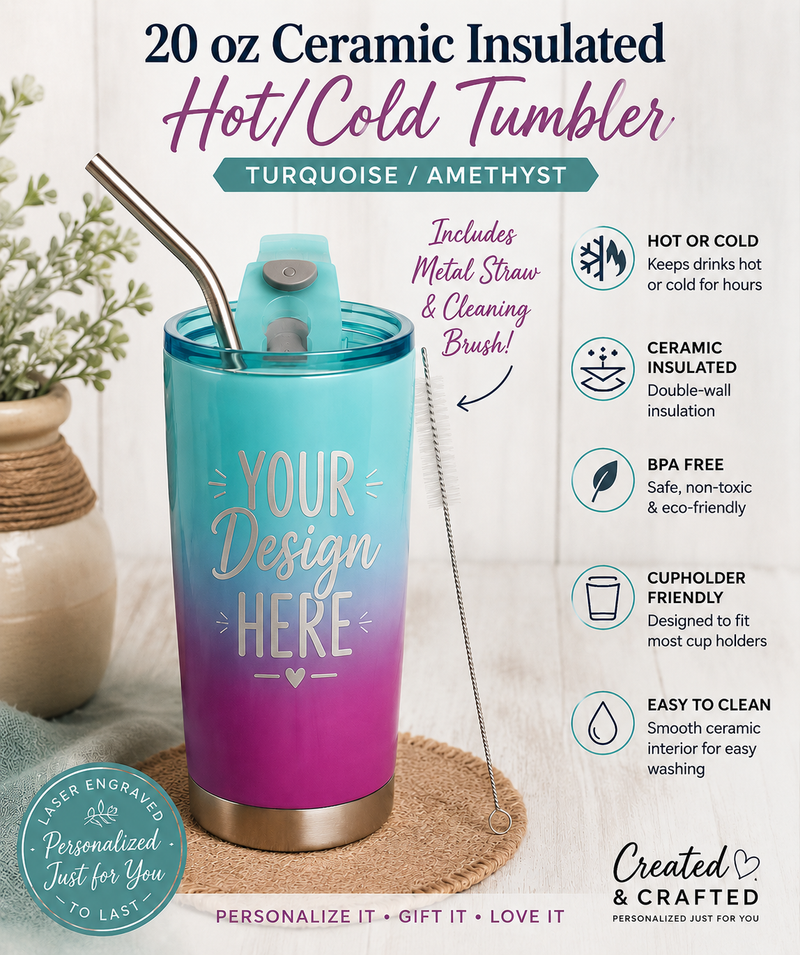 Personalized 20 oz Turquoise Amethyst Insulated Tumbler – Custom Name Gift