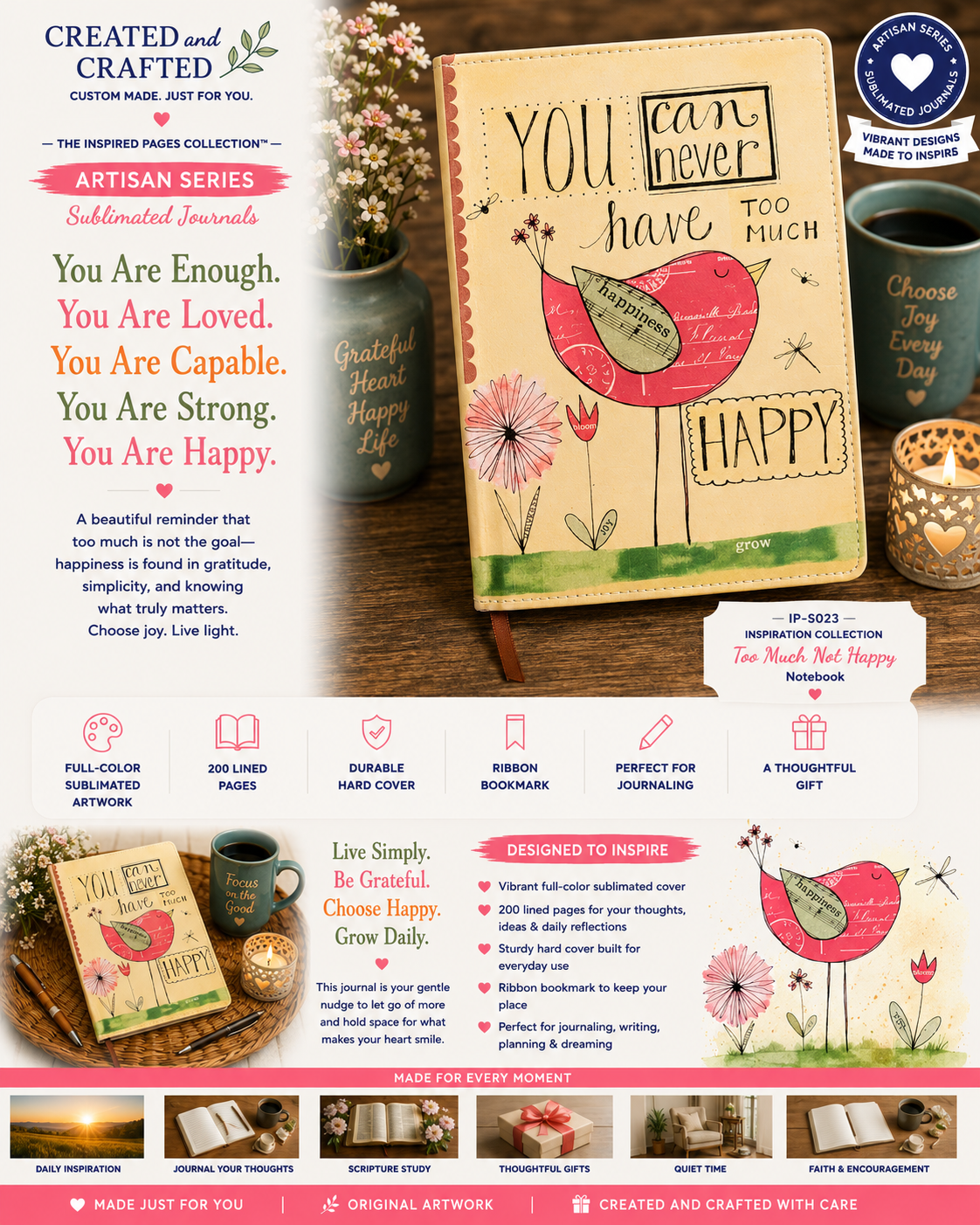 You Can Never Have Too Much Happy Journal - Cute Bird Yellow A5 Notebook