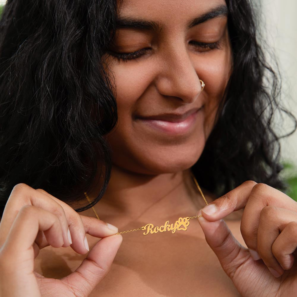 Personalized Paw Print Name Necklace – Custom Cursive Pet Lover Gift