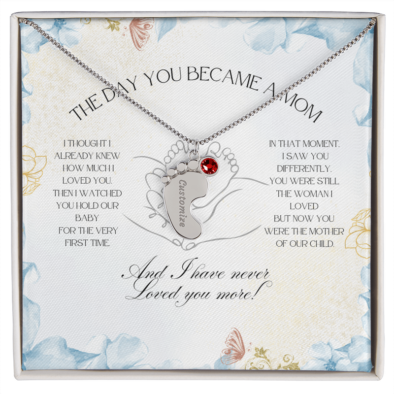 The Day You Became a Mom – Custom Baby Feet Necklace with Birthstone