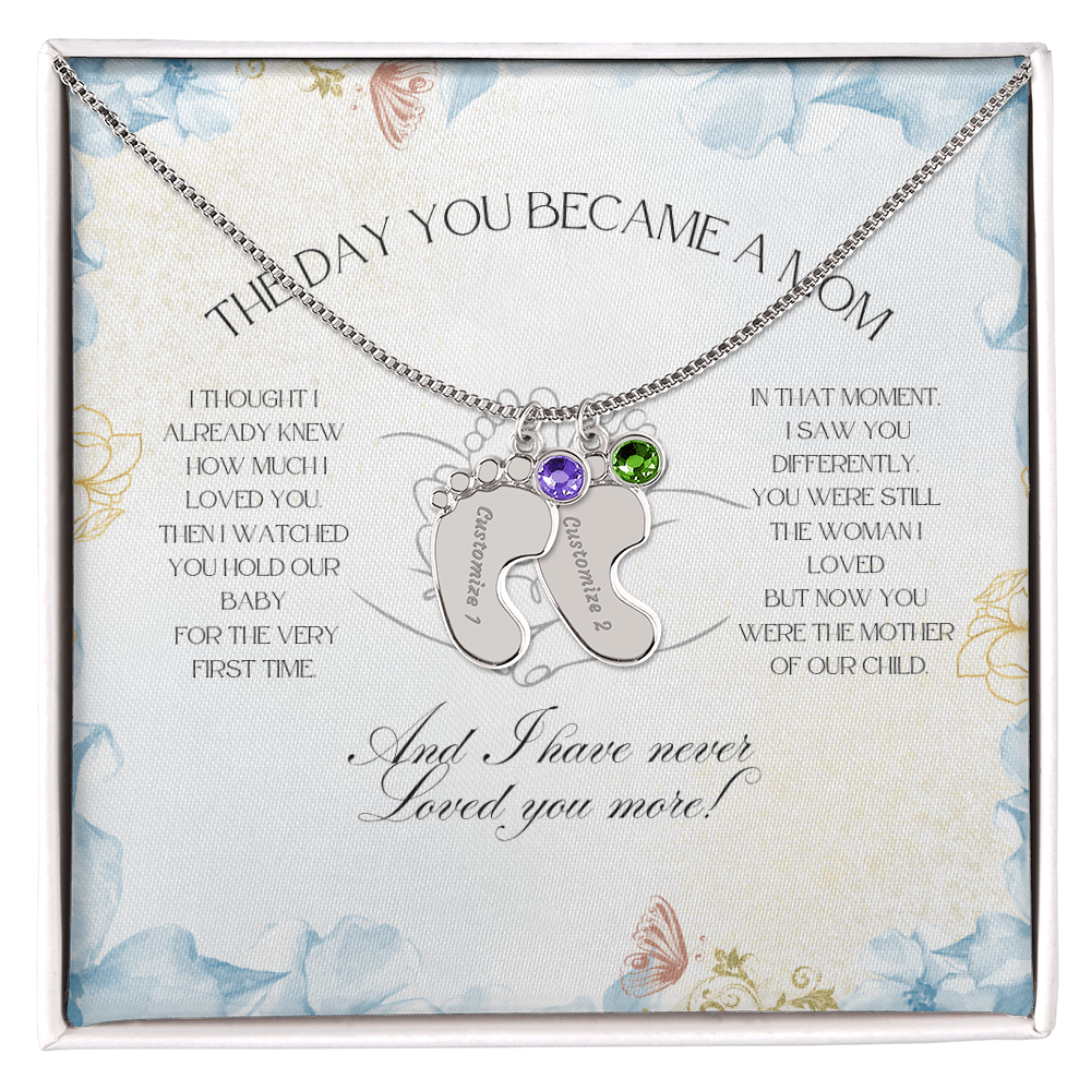The Day You Became a Mom – Custom Baby Feet Necklace with Birthstone